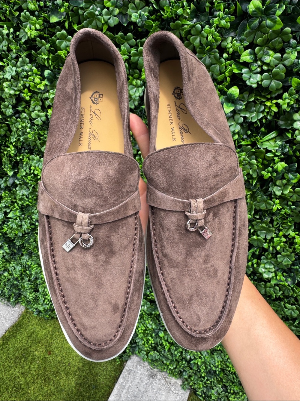 Loro Piana Taupe Suede Penny Loafers with Metal Hardware